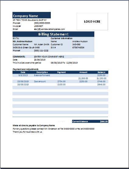 MS Excel Billing Statement Invoice  Word  Excel Templates