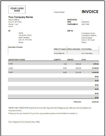 Cargo Invoice Template