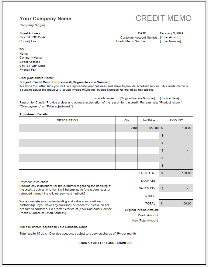 Credit Memo Template