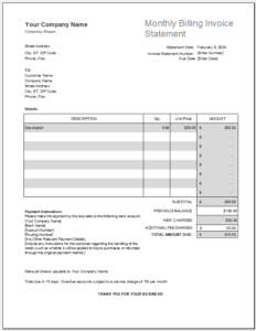 Monthly billing invoice statement