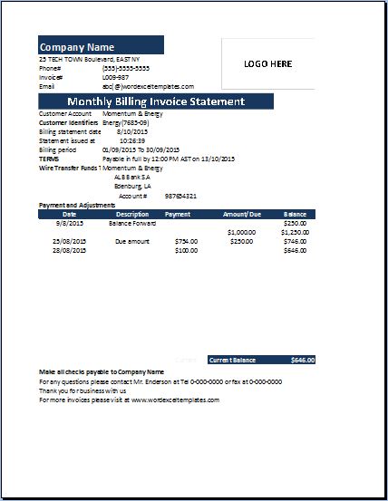 Monthly Billing Invoice Statement Template Word Excel Templates