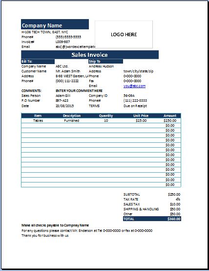 Ms Excel Product Sale Invoice Template Word Excel Templates