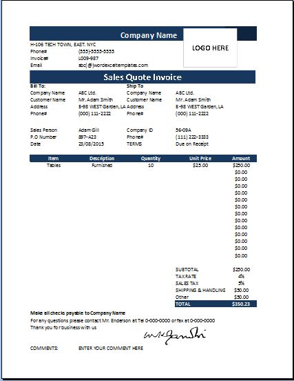 MS Excel Sales Quote Invoice Template  Word  Excel Templates