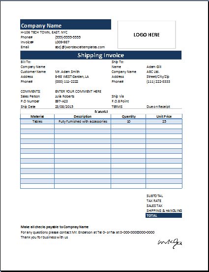 MS Excel Shipping Sales Invoice Template