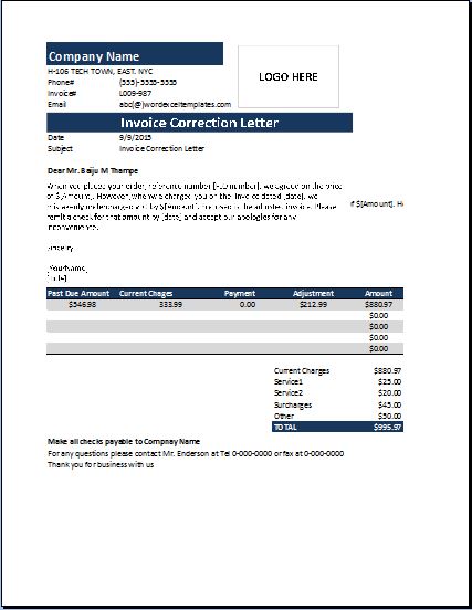 Invoice Correction Letter Template