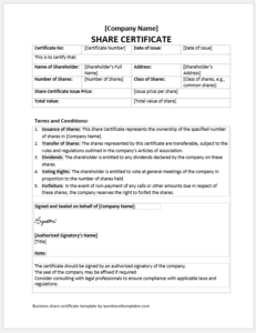 Business share certificate template