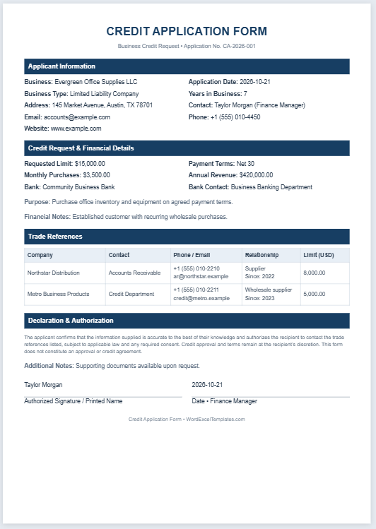 Credit application form