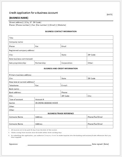 Credit application form template