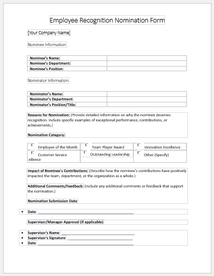 Employee Recognition Nomination Form