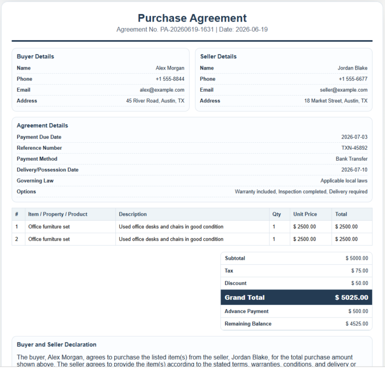 Purchase Agreement Form