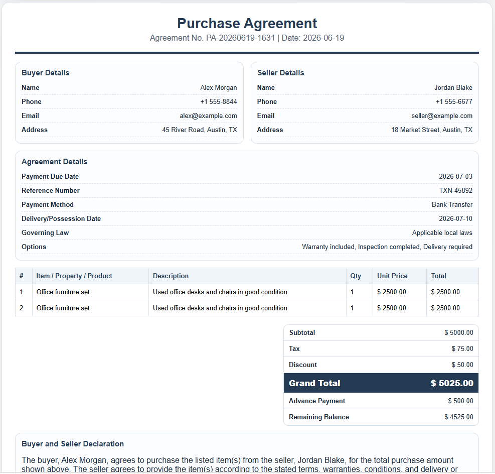 Purchase Agreement Form