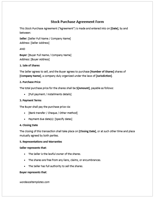 Stock Purchase Agreement Form