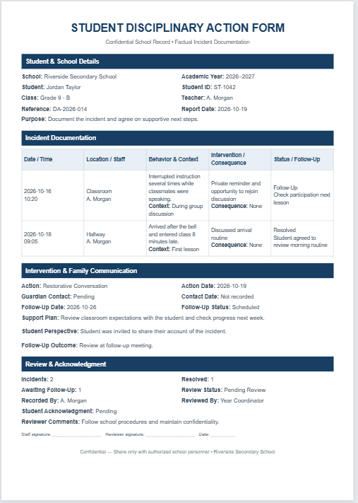 Student Disciplinary Action Form