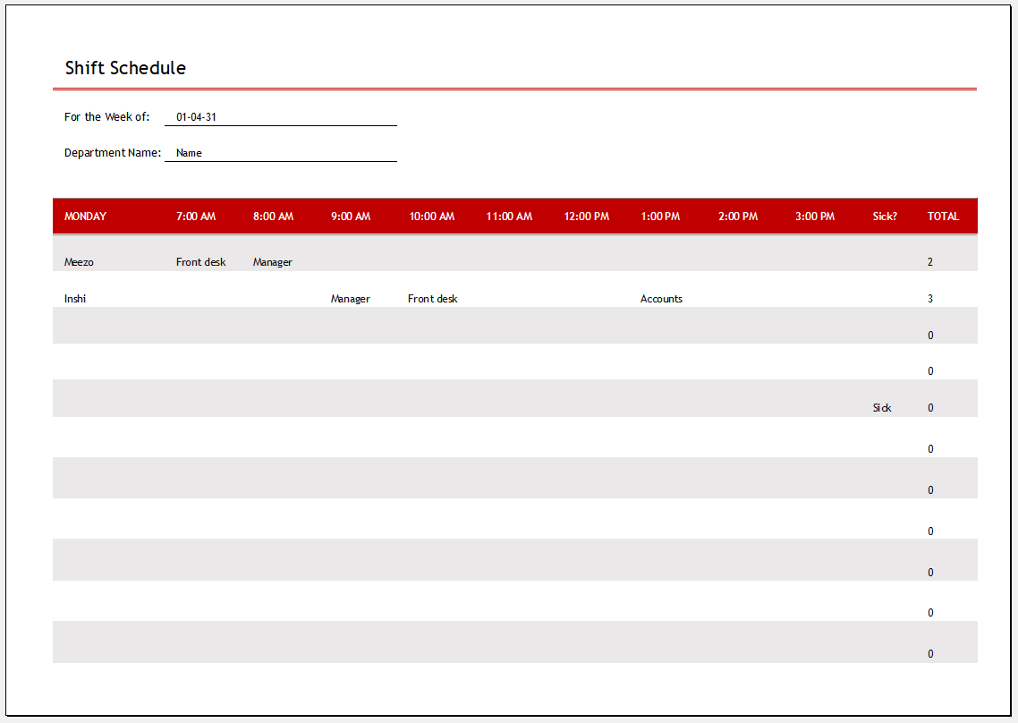 Employee shift schedule template