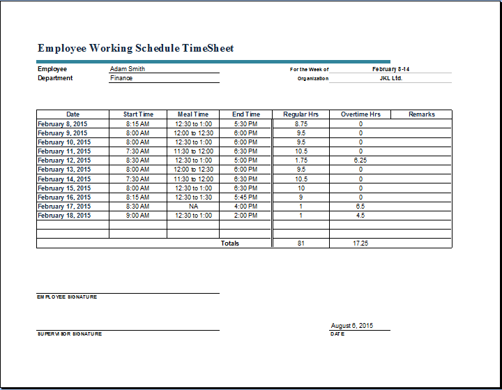 Employee Working Schedule Time Sheet