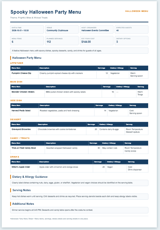 Halloween Party Menu Sheet