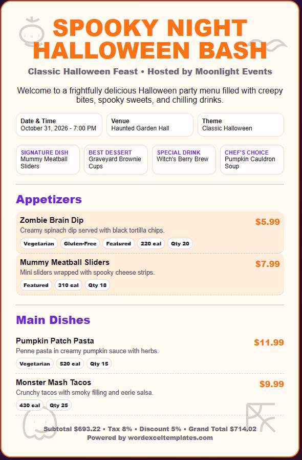 Halloween Party Menu Sheet Template