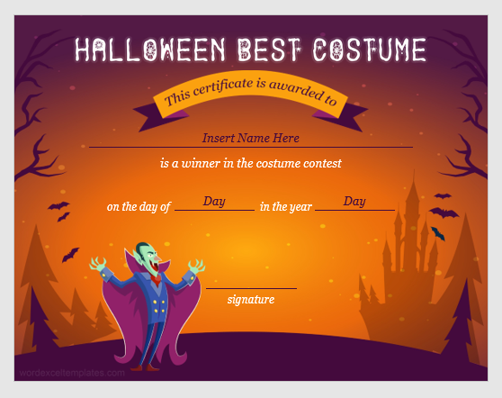 Certificat de récompense du meilleur costume d'Halloween