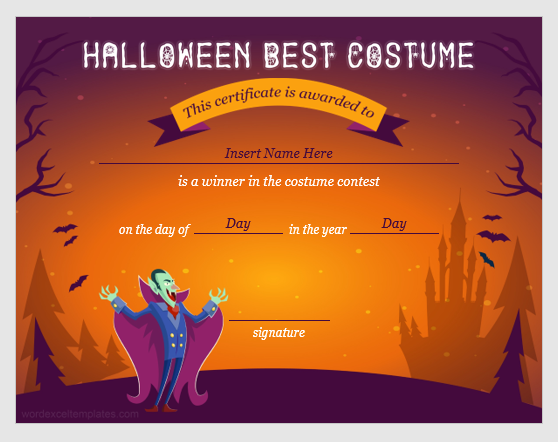 Halloween best costume award certificate