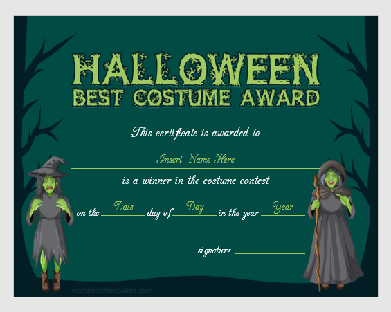 Certificat de récompense du meilleur costume d'Halloween
