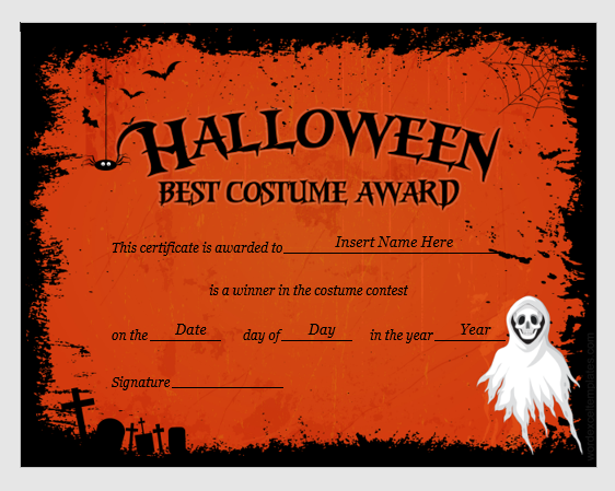 Halloween best costume award certificate