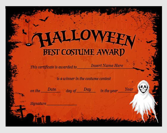 Certificat de récompense du meilleur costume d'Halloween