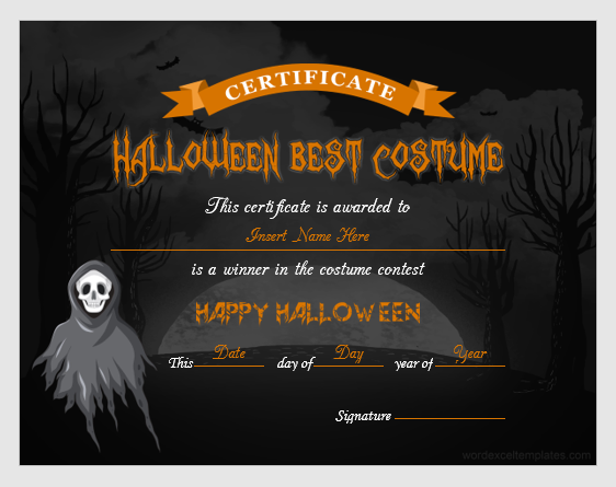 Certificat de récompense du meilleur costume d'Halloween