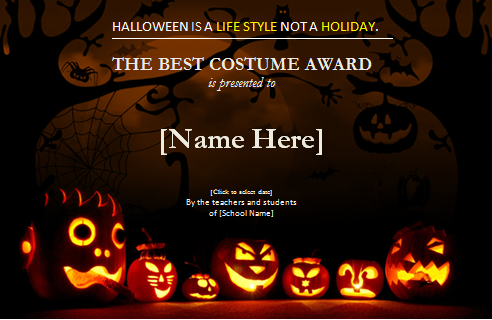 Certificat de récompense du meilleur costume d'Halloween