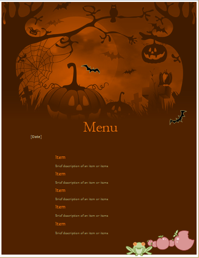 Halloween party menu sheet