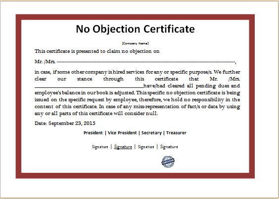 No Objection Certificate Template