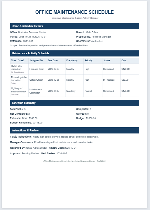 Office Maintenance Schedule Template