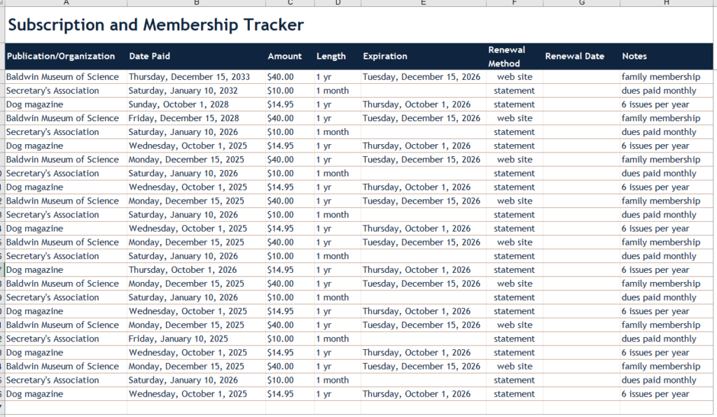 Subscription and membership tracker