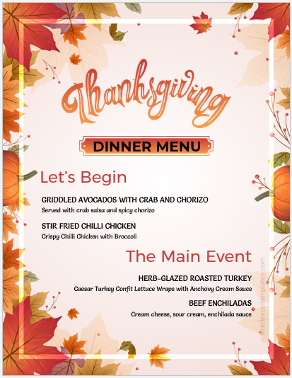 Thanksgiving dinner menu sheet