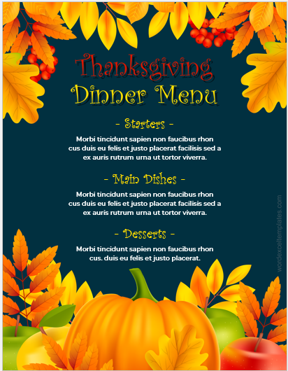 Thanksgiving dinner menu sheet