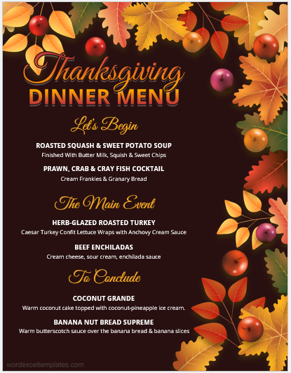 Thanksgiving dinner menu sheet