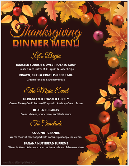 MS Word Thanksgiving Dinner Menu Sheet Templates | Download