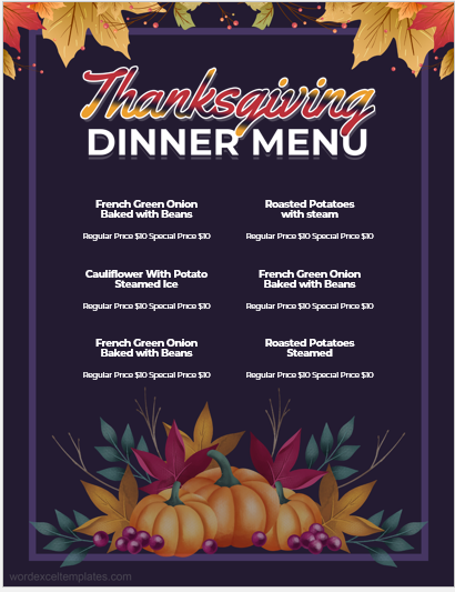 Thanksgiving dinner menu sheet