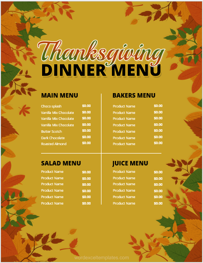 Thanksgiving dinner menu sheet