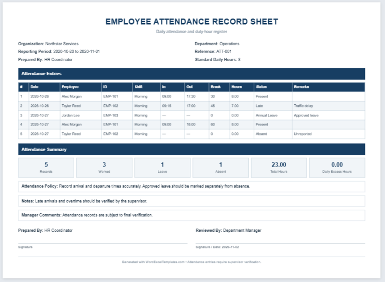 Employee Attendance Record Sheet