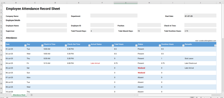 Employee Attendance Record Sheet