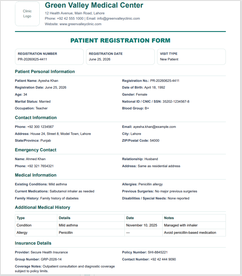 Patient Registration Form Template