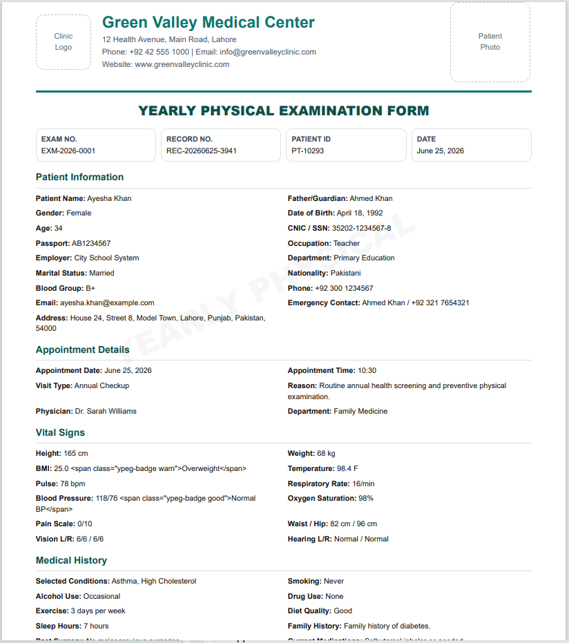 Yearly Physical Examination Form Template