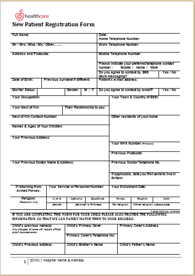 Patient registration form template
