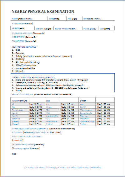 Yearly physical examination form