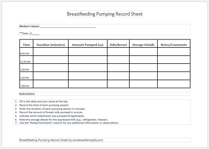 Breastfeeding Pumping Record Sheet