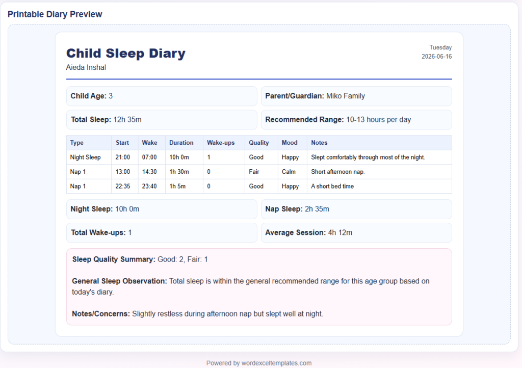 Child Sleep Diary Template