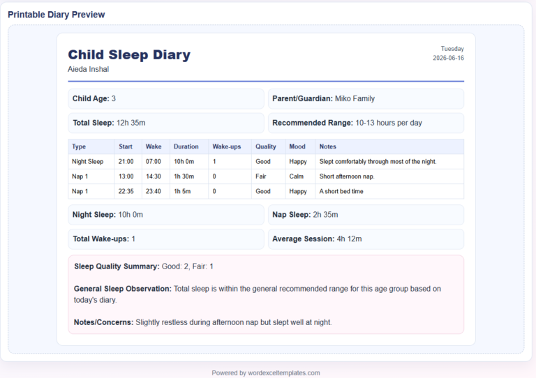 Child Sleep Diary Template
