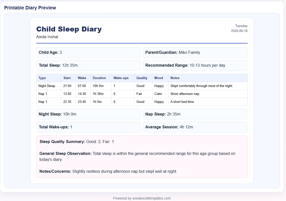 Child Sleep Diary Template