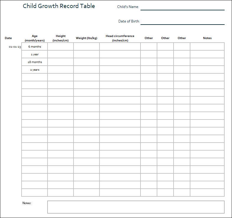 Child growth record table template
