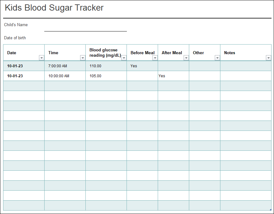 Kids blood sugar tracker template